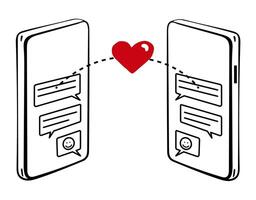 minimalistic illustration features two smartphones connected by a red heart, symbolizing digital love, connection, or online communication. Ideal for apps, social media, or relationship. vector