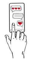 a finger moves across the smartphone screen in a social application for communication, text messages and hearts, likes are visible vector