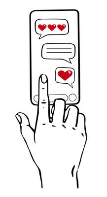 a finger moves across the smartphone screen in a social application for communication, text messages and hearts, likes are visible