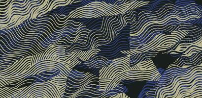 Hand drawn brush lines abstract wave and water collage pattern, Japanese wood carving, engraving texture background, simple and experimental graphic for carpet, textile vector