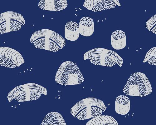 Seamless hand drawn paint brush Japanese food sushi pattern in white and blue, minimal sushi graphic for textile, decoration