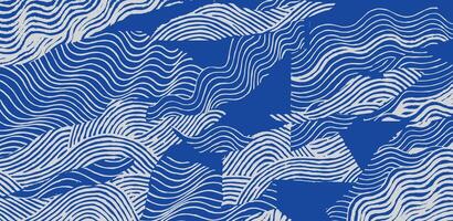 Crafted hand drawn brush lines abstract wave and water collage pattern, Japanese wood carving, engraving texture background, simple and experimental graphic for carpet, textile vector