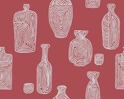 Hand drawn brush lines sake bottles seamless pattern, Japanese and tribal wood carving, sculpting texture background, simple graphic for carpet, textile, decoration vector