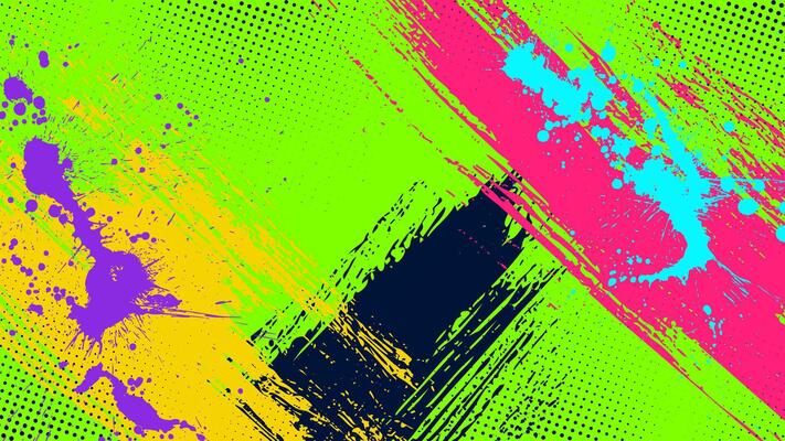 Green background with halftone dots and brush strokes and paint smudges in punk style.