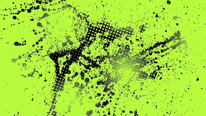 Green grunge background smudged with black splashes and halftone dots.