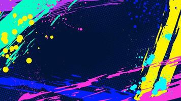 Dark background with overlapping free-form brush strokes and punk-style colors with halftone dots. vector