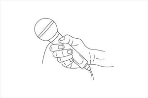 Minimalist line drawing depicts a hand holding a microphone line art design vector