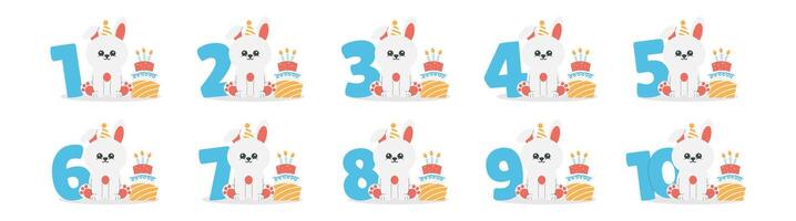 Cute bunny character in hat, cake with candles, numbers set. Beautiful elements for Kids Birthday Party invitation, greeting card, poster, event, prints and cake toppers design vector