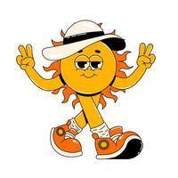 Retro groovy character sun. Walking happy design on white background. Flat illustration vector