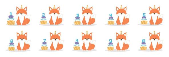 Cute baby fox character in hat and cake with numbers from 1 before 10 set. Beautiful elements for Kids Birthday Party invitation,greeting card,poster,event,prints,cake toppers design vector