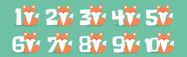 Cute baby fox character and numbers from 1 before 10 set. Beautiful elements for Kids Birthday Party invitation, greeting card, poster, event, prints and cake toppers design vector