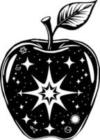 Celestial Apple A Cosmic Fruit Illustration Featuring Stars Planets and a Radiant Starburst Within vector