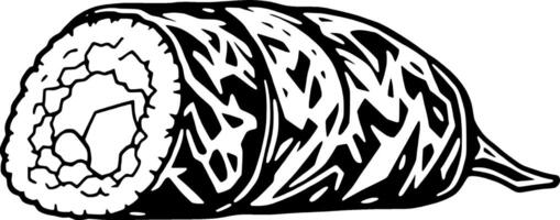 Delicious Sushi Roll Illustration A Detailed Black And White Drawing Of A Single Sushi Roll Featuring Rice vector
