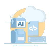Cloud-based AI Training concept with deep learning and machine learning development using modern coding environment and neural networks. Ideal for automation and analytics. Flat icon illustration. vector