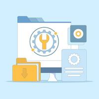 System maintenance concept, Errors, Fixing problems, Device updates, Software systems under maintenance, Device update process on devices, Updating operating systems. Flat illustration. vector