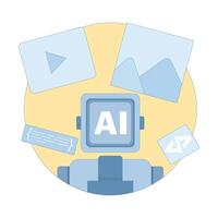 Concept Free AI image and maker tool to convert text to image or . Generate visual or written content with artificial intelligence application. Flat cartoon design illustration. vector