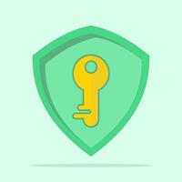 security and protection encryption system concept. access key. password, privacy, authentication, verification. shield with golden key. symbol or icon. minimalist cartoon design illustration. vector