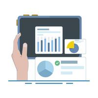 Financial analysis concept of company indicators, Pie chart, bar chart, process diagram and gears. statistical research, business data. flat design illustration on background. vector