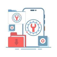 System maintenance concept, Error, Fixing problems, Device update, Software system under maintenance, Device update process on device, Updating operating system. Flat cartoon design illustration. vector
