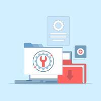 System maintenance concept, Error, Fixing problems, Device update, Software system under maintenance, Device update process on device, Updating operating system. Flat design illustration. vector