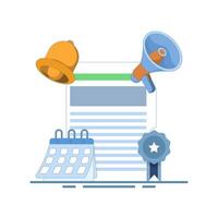 Appointment Agenda deadline concept. Document and Calendar with clock and megaphone and bell for business reminder and event planning. reminder or schedule for meeting or event. flat design. vector