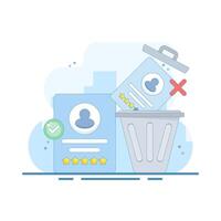 employee or worker recruitment concept. eliminating job applicants. disqualifying and selecting job candidates. HR staff throws information about bad job applicants into the trash. design illustration vector