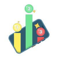 Concept Smart phone screen showing ranking system. Represents gamification features, leaderboard ranking, achievement systems, and user engagement in mobile applications. Flat illustration. vector