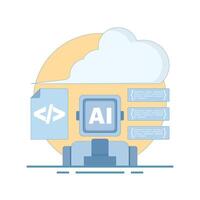 Cloud-based AI Training Concept with deep learning and machine learning development using modern coding environment and neural networks. Ideal for automation and analytics. Flat illustration. vector