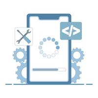 Concept of repair and upgrade process, loading software on smartphone screen, gear button, screwdriver, system software upgrade and update, installation process, new update process. flat illustration. vector