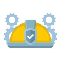 technical protection and security concept. Occupational Safety and Health. engineering and industry. yellow safety helmet with shield and gear. flat style design illustration in the background. vector