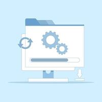 system update concept, Laptop screen with gears, loading bar and download icon indicating software installation process, or file download. Suitable for technology, software and IT. vector