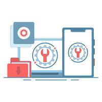 System maintenance concept, Error, Fixing problems, Device update, Software system under maintenance, Device update process on device, Updating operating system. Cartoon design illustration. vector