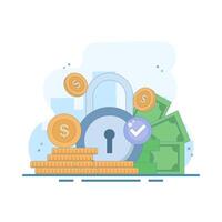 financial security and secure transactions. banknotes, coins, padlocks, and checks. secure payments, fraud prevention, and guaranteed fund protection. encrypted financial system. Flat illustration. vector