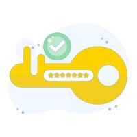 Concept of encryption key or security key. Password or security code to protect and access the system. Technology. Key with code symbol and check mark. Minimalist design illustration. vector