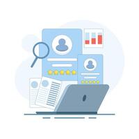 employee or worker recruitment concept. hiring people to work. analyzing and selecting job candidates. viewing information about job applicants. flat style design illustration. vector