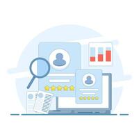 employee or worker recruitment concept. hiring people to work. analyzing and selecting job candidates. viewing information about job applicants. flat style design vector