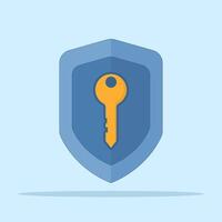 security and protection encryption system concept. access key. password, privacy, authentication, verification. shield with golden key. symbol or icon. minimalist design illustration. vector