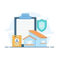 Property Legal Protection Concept. Documents related to the house, and a shield symbolizing the certainty of property law, certification, and guarantee of no dispute. Design illustration. vector
