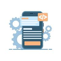 Concept of building mobile applications, collaboration of developers and programmers around a smartphone. Handheld mobile application development. Flat style design illustration in the background. vector