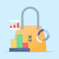 shopping report concept, sales statistics, spending information for shopping. bag with statistics report graph. symbol or icon. minimalist style design illustration. vector