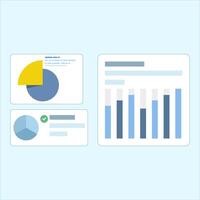 Financial analysis concept of company indicators, Pie chart, bar chart, process diagram and gears. statistical research, business data. flat carton design illustration on background. vector