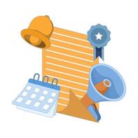 Appointment Agenda deadline concept. Document and Calendar with clock and megaphone and bell for business reminders and event planning. reminder or schedule for meetings or events. vector