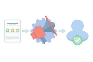 Advertising algorithm bidding concept, featuring data diagrams, gear mechanisms and megaphones. Suitable for programmatic advertising, PPC campaigns and digital marketing analysis. Design illustration vector