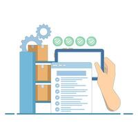 inventory management concept. recording, organizing, and controlling inventory of goods or products. several boxes or inventory items. jobs and tasks. flat illustration in the background. vector