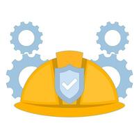 technical protection and security concept. Occupational Safety and Health. engineering and industry. yellow safety helmet with shield and gear. flat cartoon design illustration on background. vector