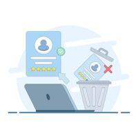 employee or worker recruitment concept. eliminating job applicants. disqualifying and selecting job candidates. HR staff throws information about bad job applicants into the trash. flat illustration. vector