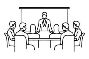Business professionals engaged in a meeting with a presenter at the forefront. Line art flat illustration on white background vector
