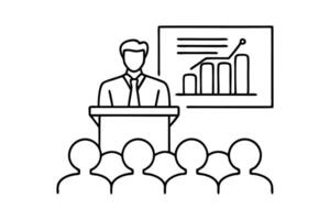 A man is depicted giving a presentation line art flat illustration vector