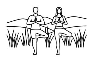 Man and woman practicing yoga together in a serene setting line art flat illustration. vector