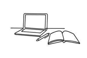 A laptop rests on a desk alongside an open book and a pen line art flat illustration vector